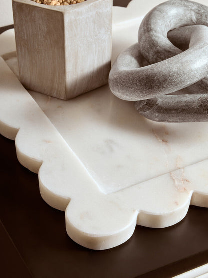 Savio White Marble Square Large Tray With Scallop Edges