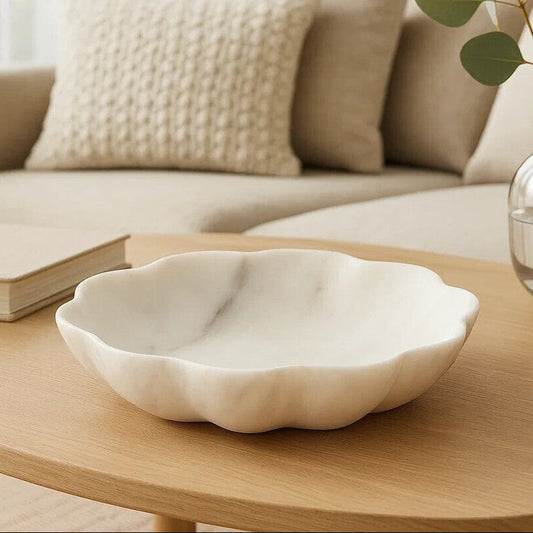 Zoro Medium White Marble Scalloped Bowl