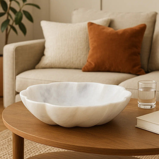 Zoro Large White Marble Scalloped Bowl