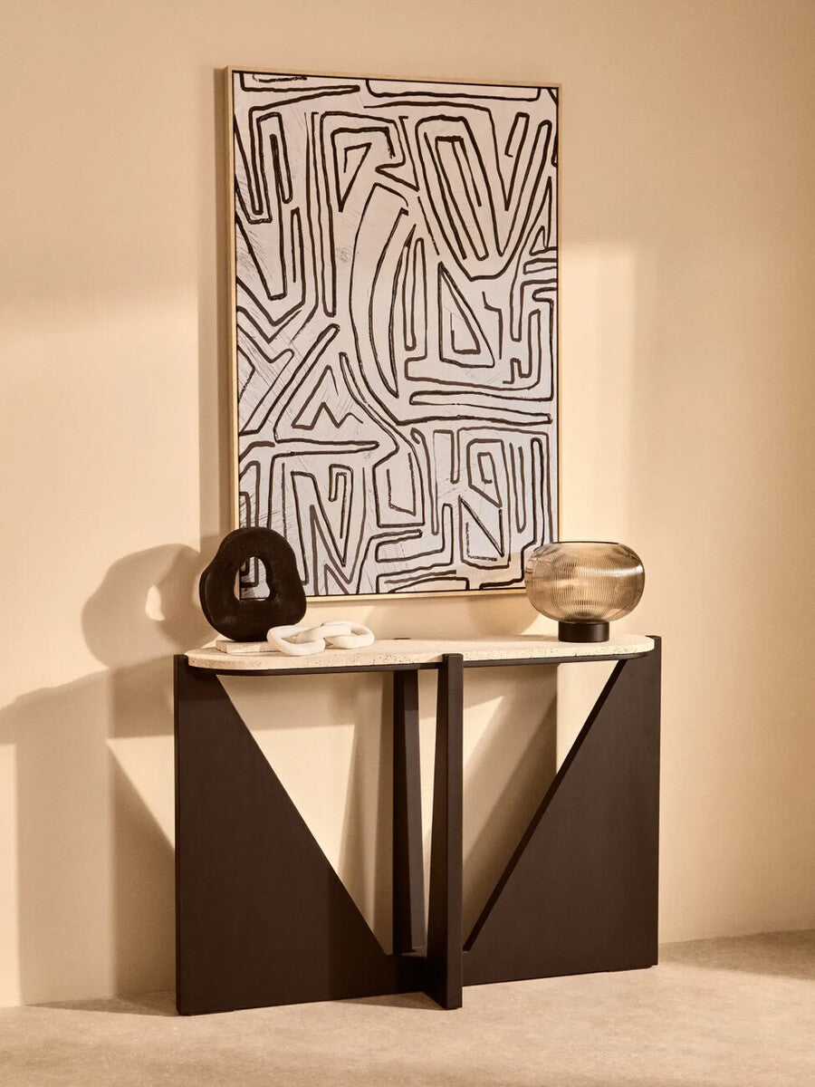 Black Mango Wood Sculpture with Travertine Base | Tibor