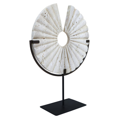 Travertine Ridged Disc Sculpture with Black Metal Base | Tibor