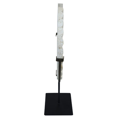 Travertine Ridged Disc Sculpture with Black Metal Base | Tibor