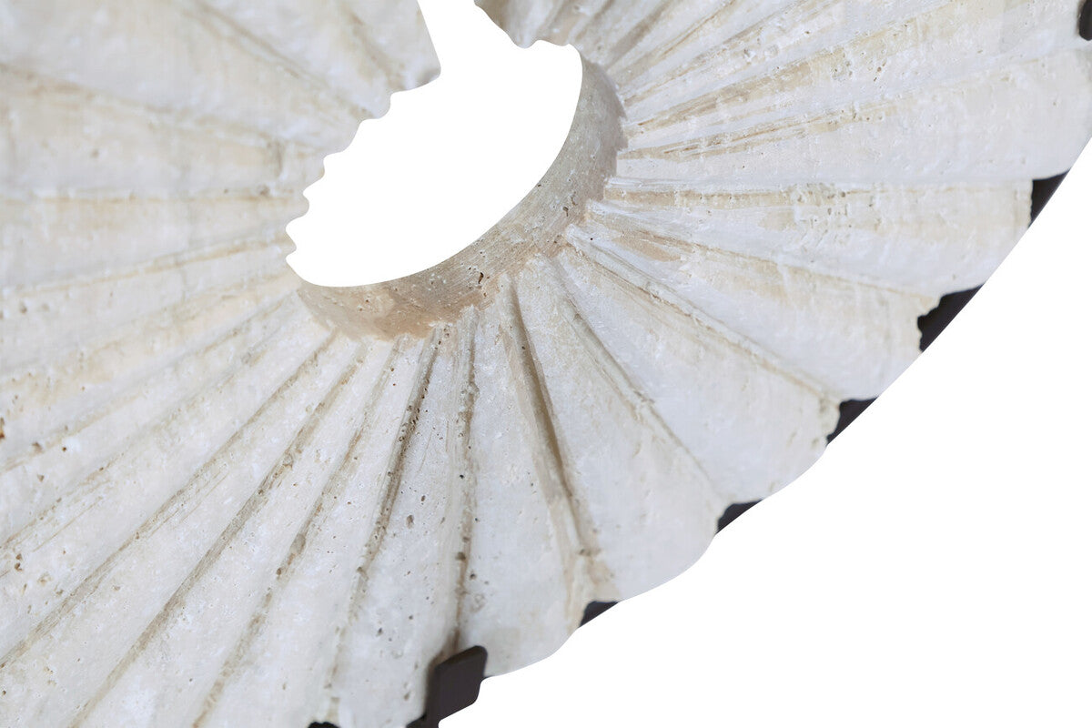 Travertine Ridged Disc Sculpture with Black Metal Base | Tibor