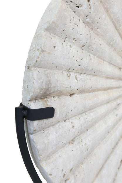 Travertine Ridged Disc Sculpture with Black Metal Base | Tibor