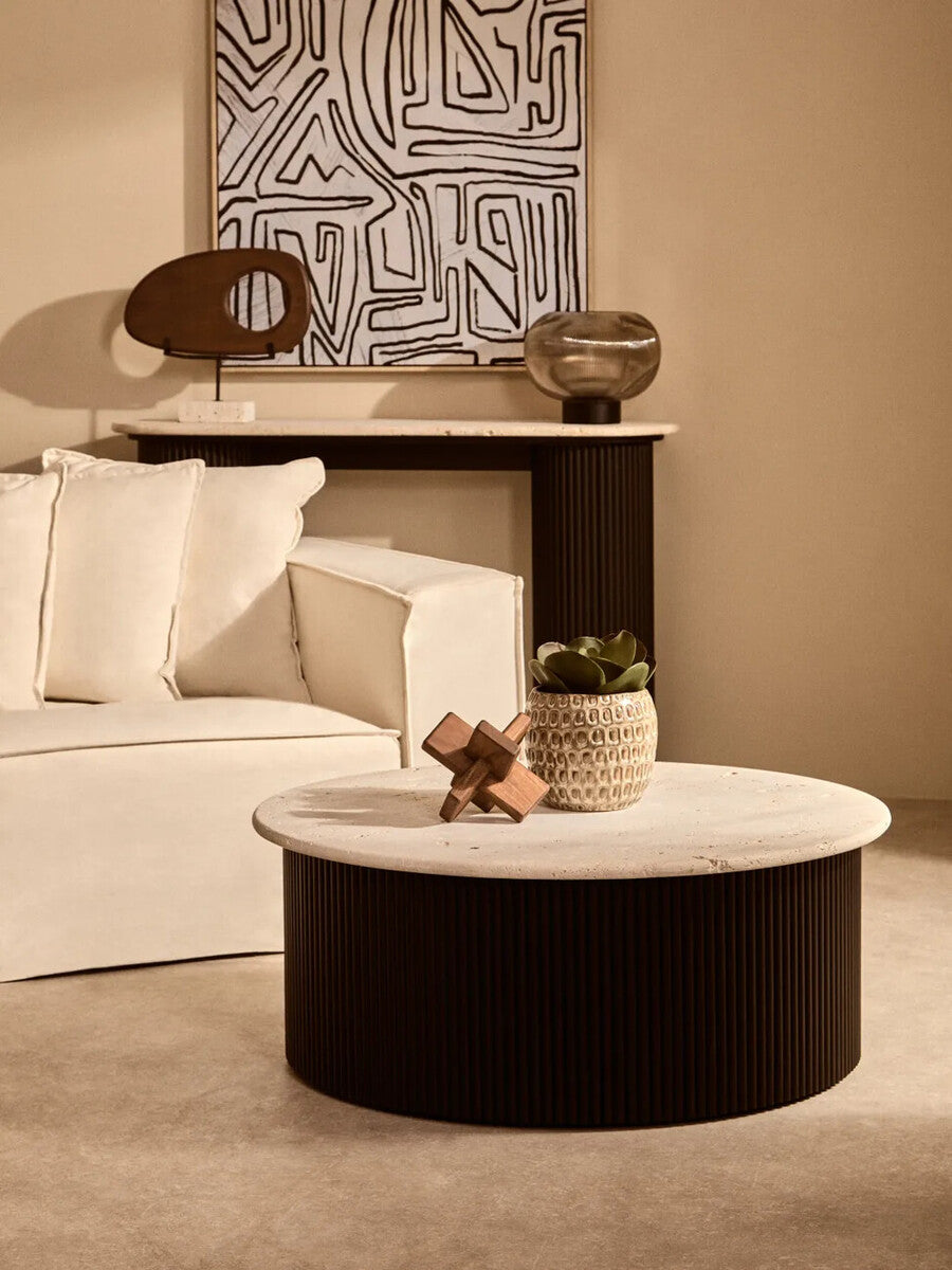 Natural Wood Horizontal Sculpture with Travertine Base | Westo