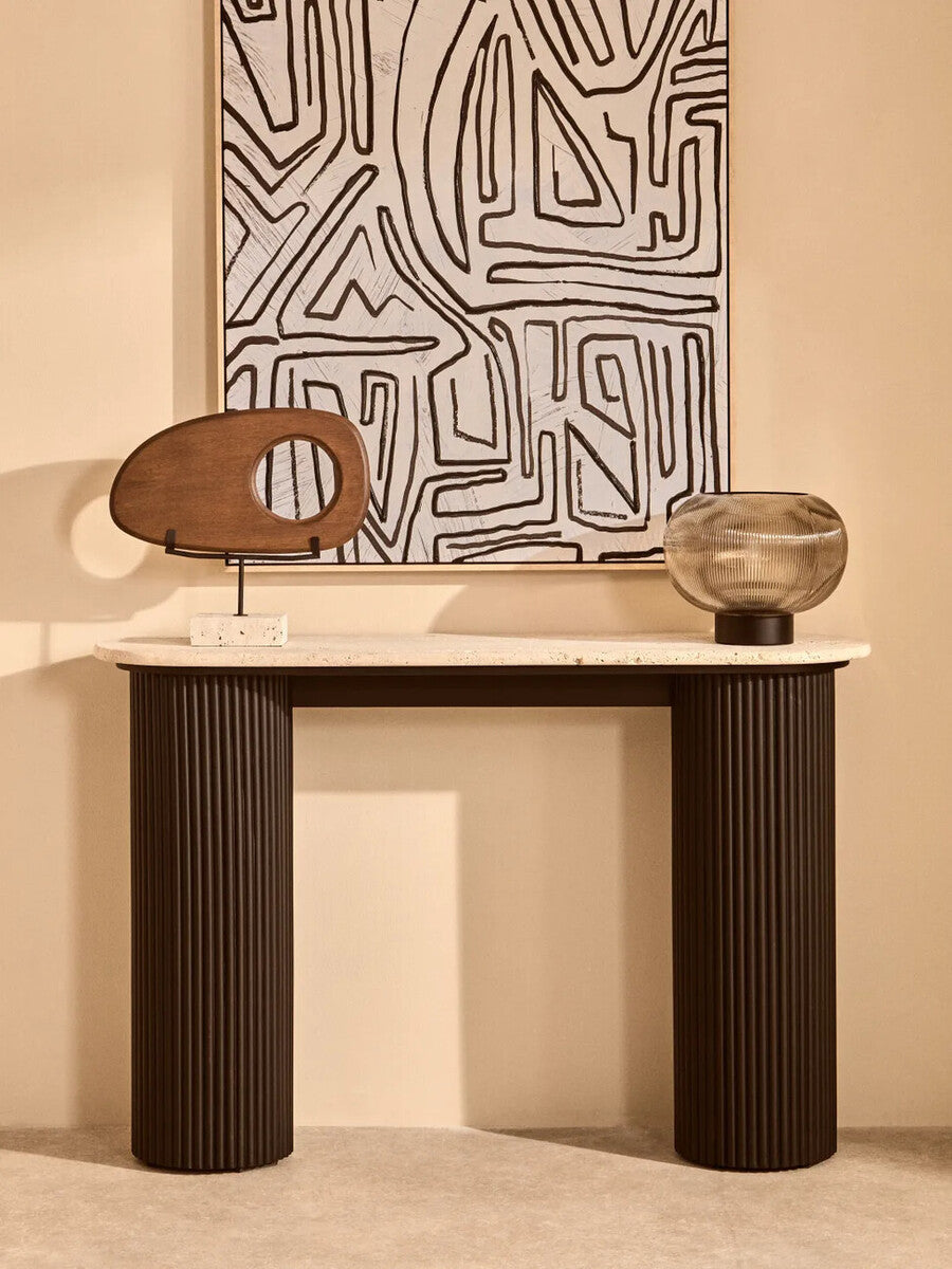 Natural Wood Horizontal Sculpture with Travertine Base | Westo