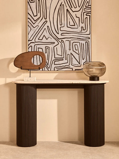 Natural Wood Horizontal Sculpture with Travertine Base | Westo