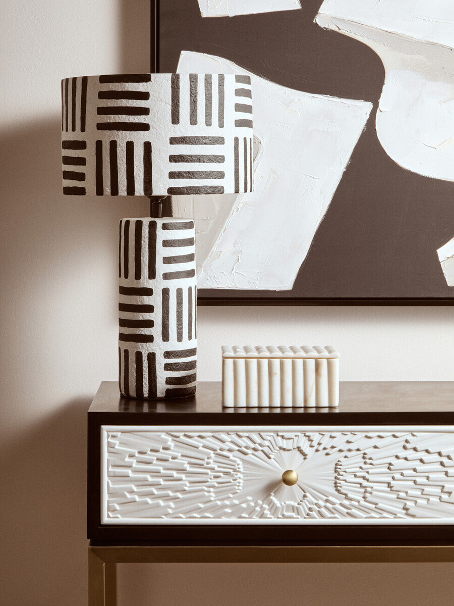 Carta Black And White Papier Mache Table Lamp with Geometric Lines