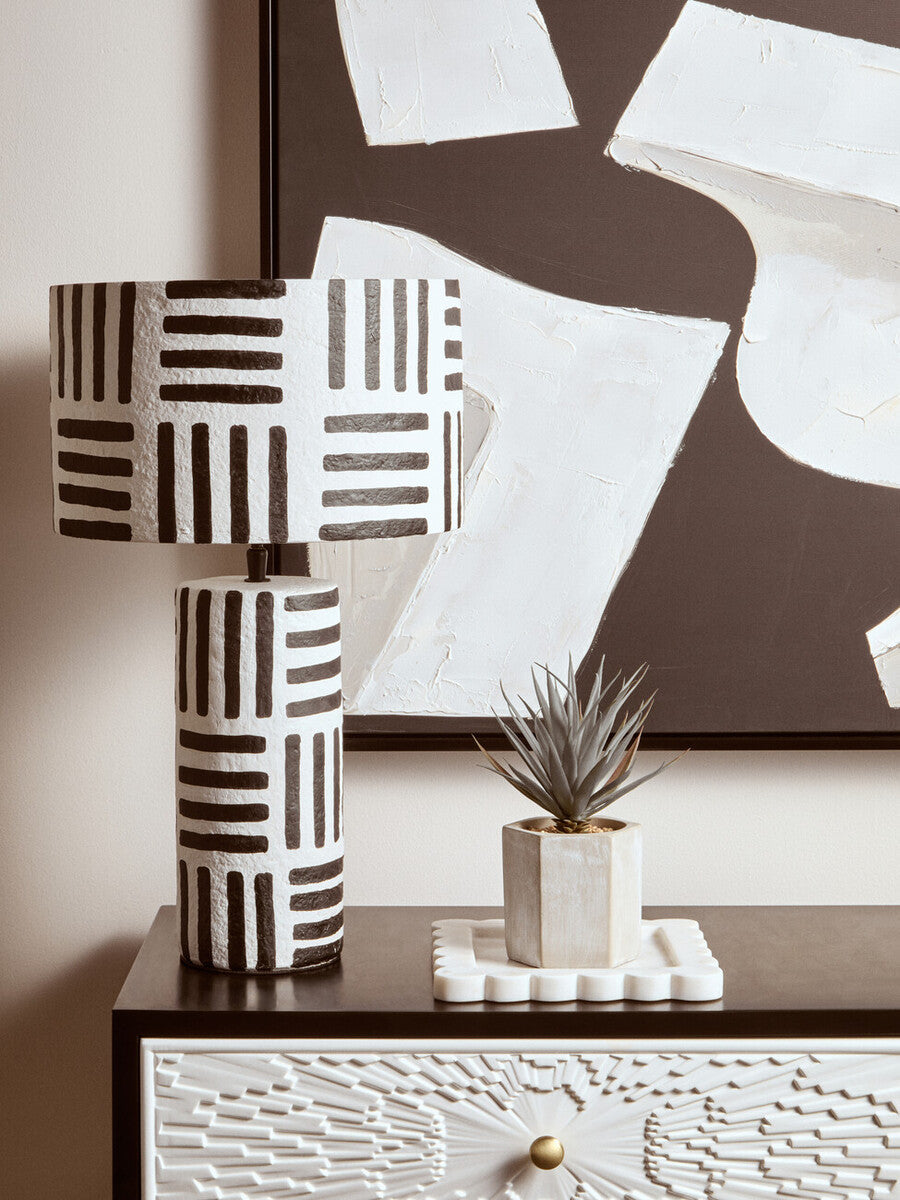 Carta Black And White Papier Mache Table Lamp with Geometric Lines