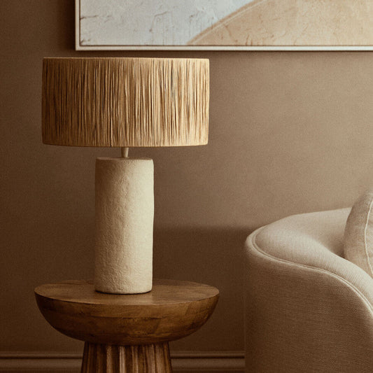 Carta Natural Papier Mache Table Lamp With Natural Raffia Shade