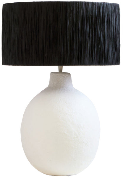Carta White Papier Mache Table Lamp With Black Raffia Shade