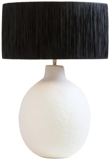Carta White Papier Mache Table Lamp With Black Raffia Shade