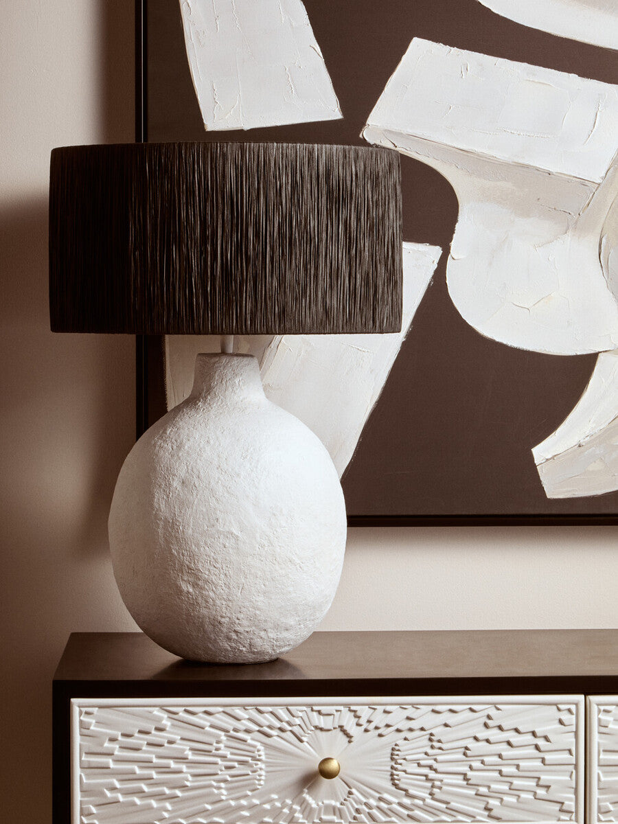 Carta White Papier Mache Table Lamp With Black Raffia Shade