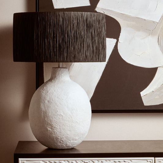 Carta White Papier Mache Table Lamp With Black Raffia Shade