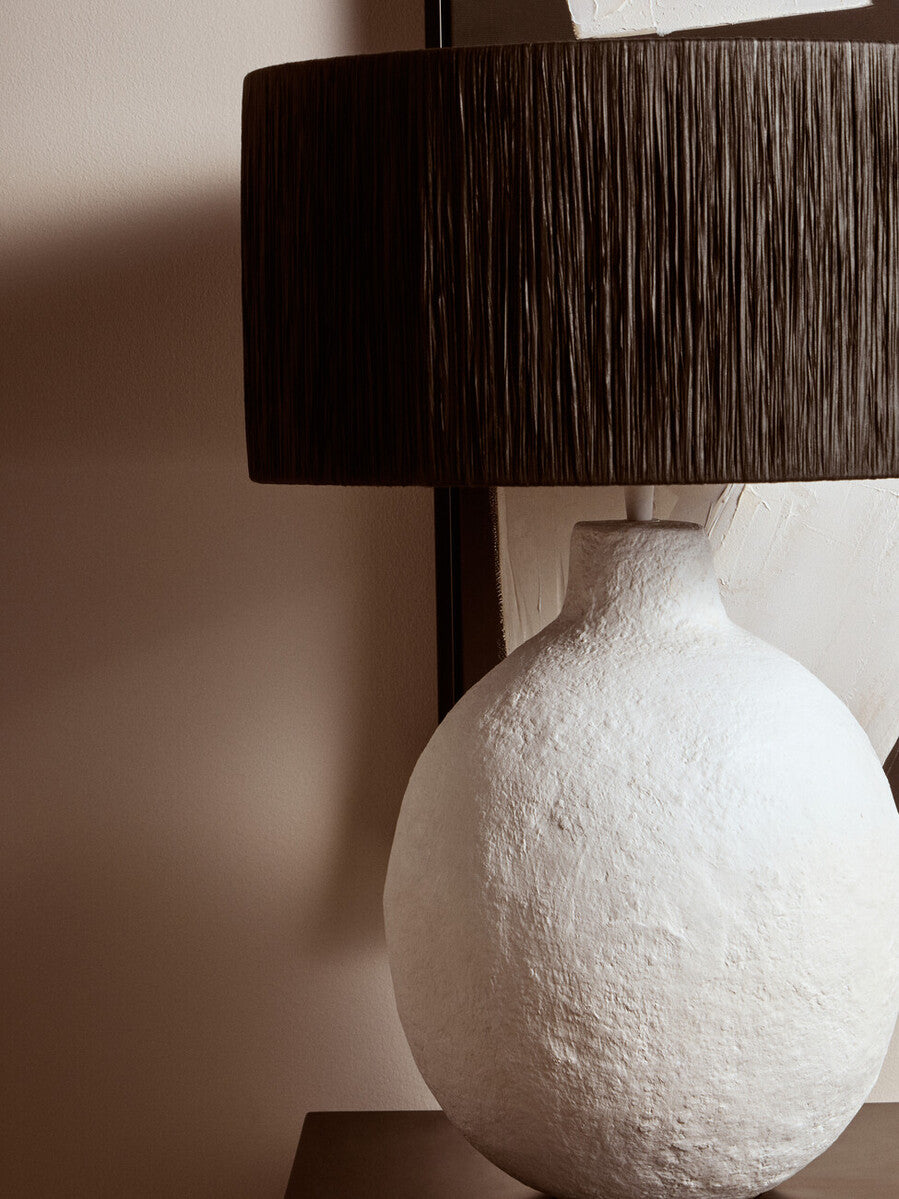 Carta White Papier Mache Table Lamp With Black Raffia Shade
