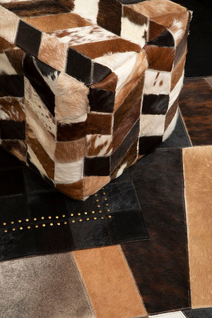 Bosie Large Black Hair on Leather Patchwork Rug with Gold Studs | Safira