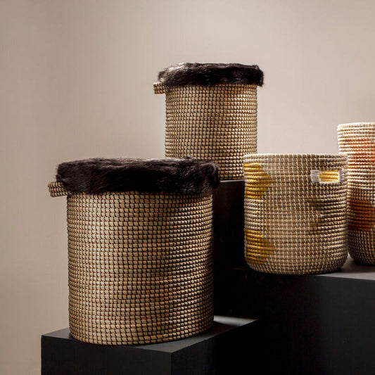 Bora Set of 2 Seagrass Baskets with Faux Fur Trim