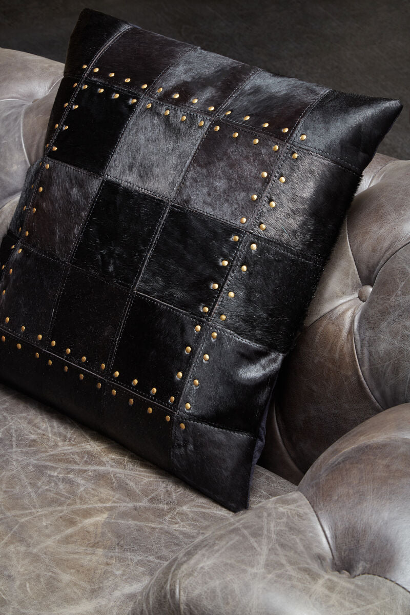 Bosie Black Hair on Leather Patchwork Cushion | Safira