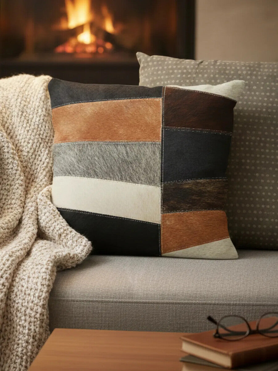 Bosie Neutral Colourblock Hair on Leather Patchwork Cushion | Safira