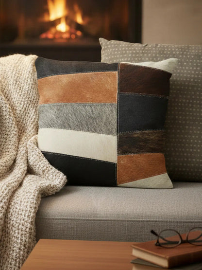 Bosie Neutral Colourblock Hair on Leather Patchwork Cushion | Safira