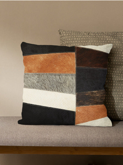 Bosie Neutral Colourblock Hair on Leather Patchwork Cushion | Safira