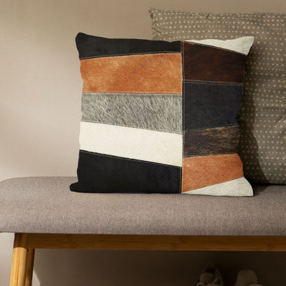 Bosie Safira Neutral Colourblock Hair on Leather Patchwork Cushion