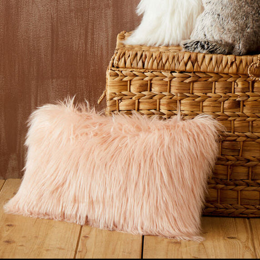 Bosie Faux Fur Pink Rectangular Cushion | Mongolian