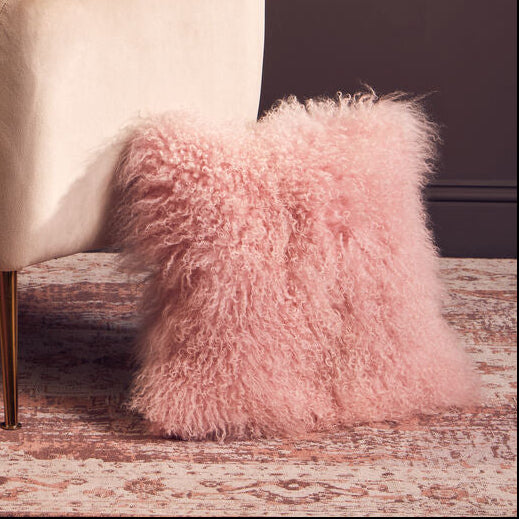 Bosie Real Fur Pink Square Cushion | Mongolian
