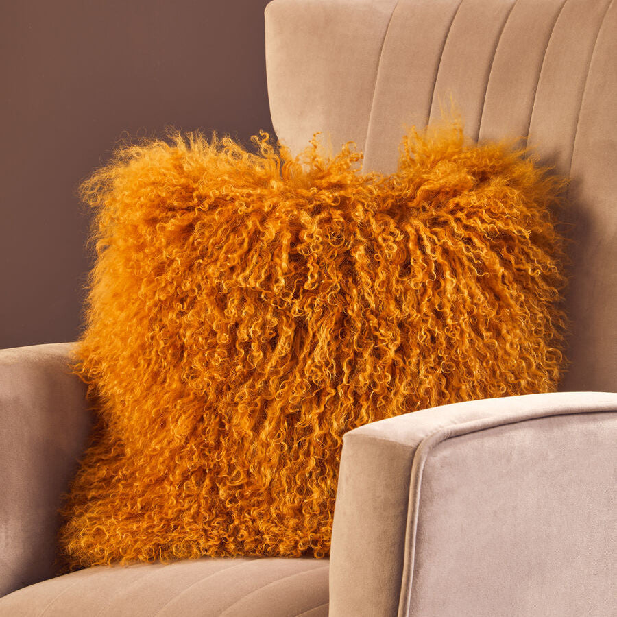 Bosie Real Mongolian Fur Ochre Square Cushion