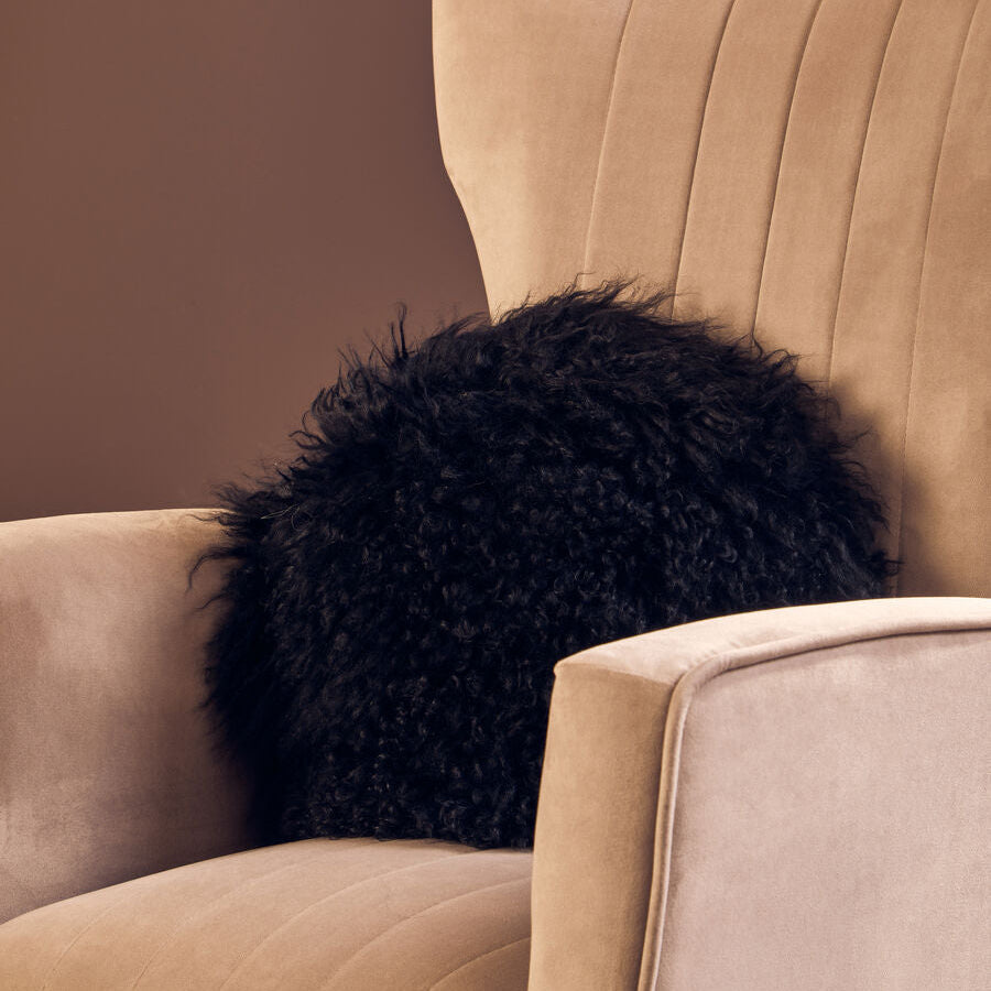 Bosie Real Mongolian Fur Black Round Cushion