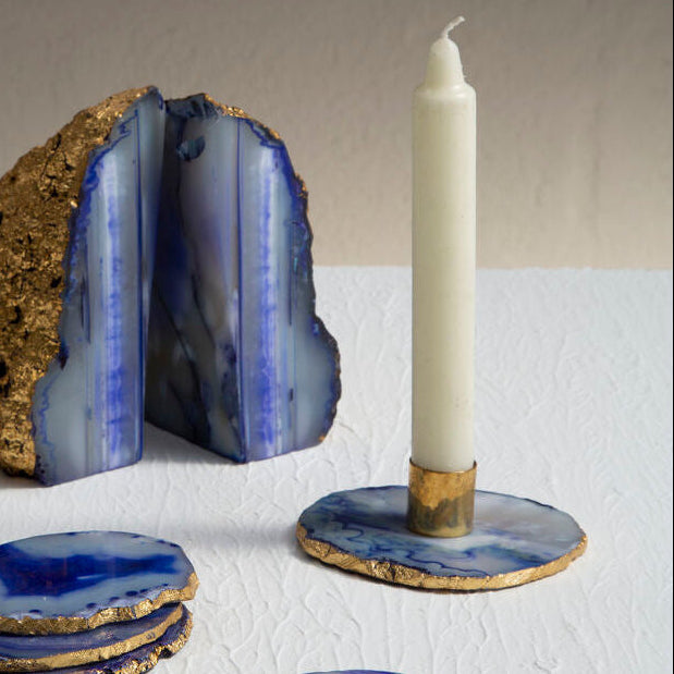 Bowerbird Agata Blue And Gold Candle Holder