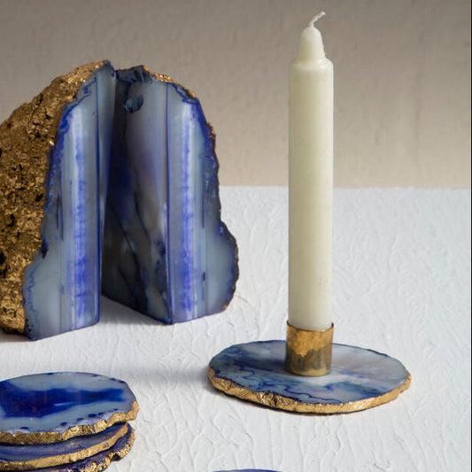 Bowerbird Agata Blue And Gold Candle Holder