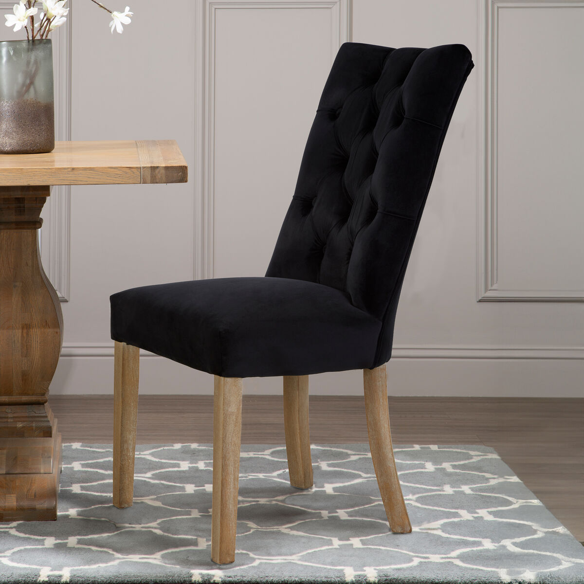 Kensington Townhouse Black Buttoned Dining Chair with Antique Legs