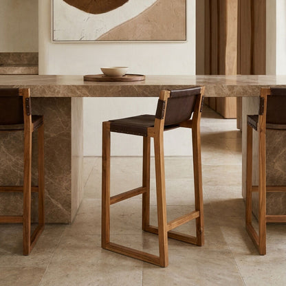 Brown Leather Bar Chair with Teak Wood Frame | Kendari