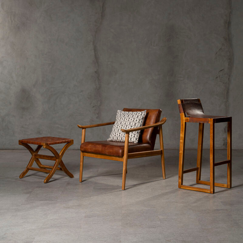 Kendari Brown Leather Bar Chair with Teak Wood Frame