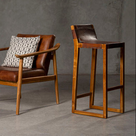 Brown Leather Bar Chair with Teak Wood Frame | Kendari
