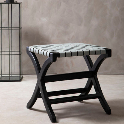 Kendari Grey Genuine Leather Stool with Wood Frame