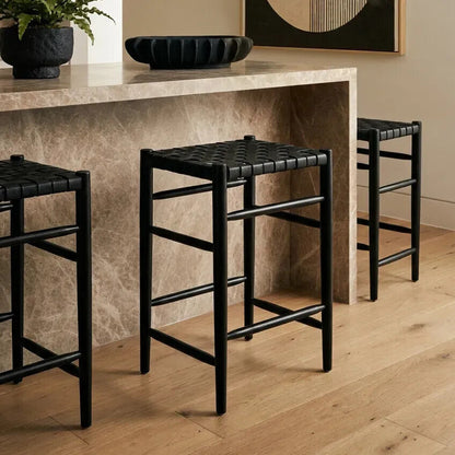 Kendari Black Woven Leather Barstool