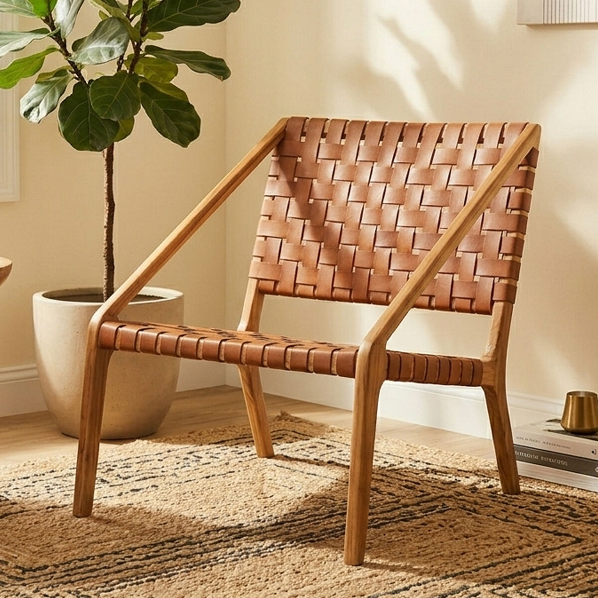 Kendari Tan Woven Leather Chair with Wood Frame