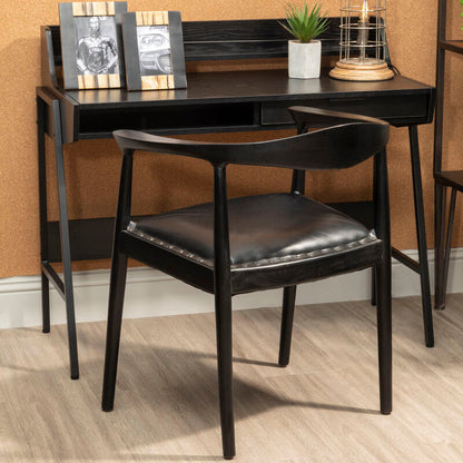 Kendari Black Leather and Teak Wood Armchair with Stud Detail