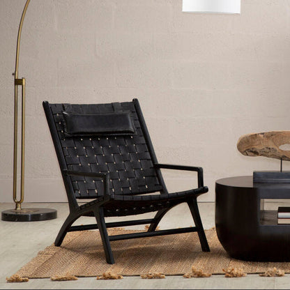 Kendari Black Leather Woven Chair with Wood Frame