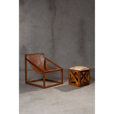 Kendari Brown Leather and Teak Wood Sling Chair