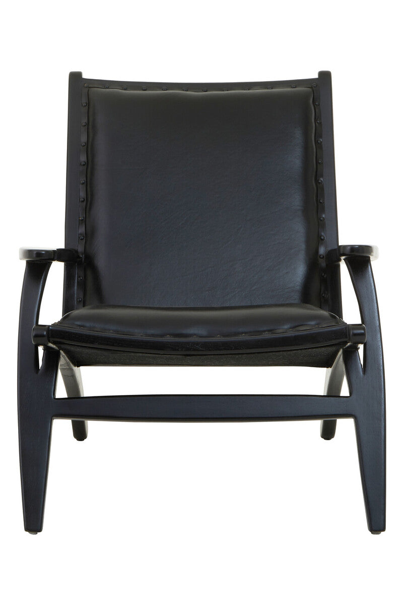 Kendari Black Leather and Teak Wood Chair with Stud Detail