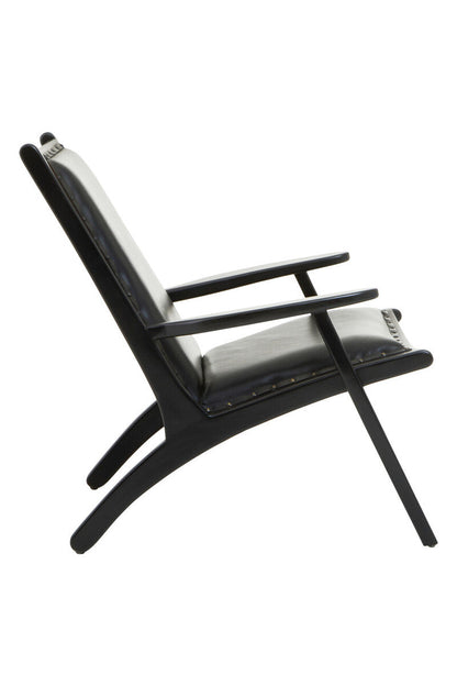 Kendari Black Leather and Teak Wood Chair with Stud Detail