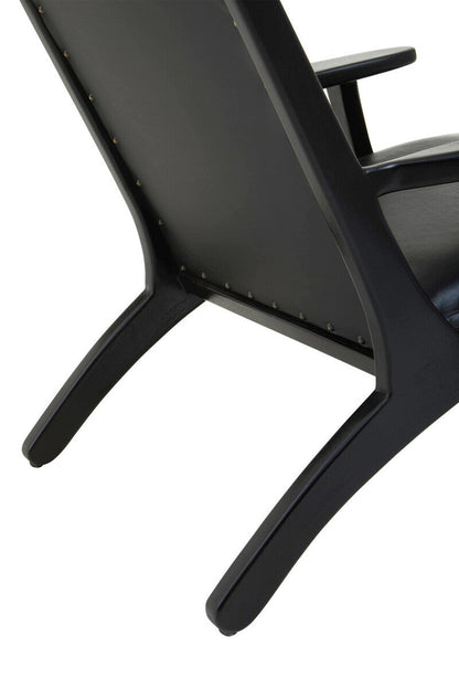 Kendari Black Leather and Teak Wood Chair with Stud Detail