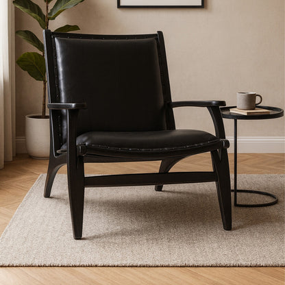 Kendari Black Leather and Teak Wood Chair with Stud Detail