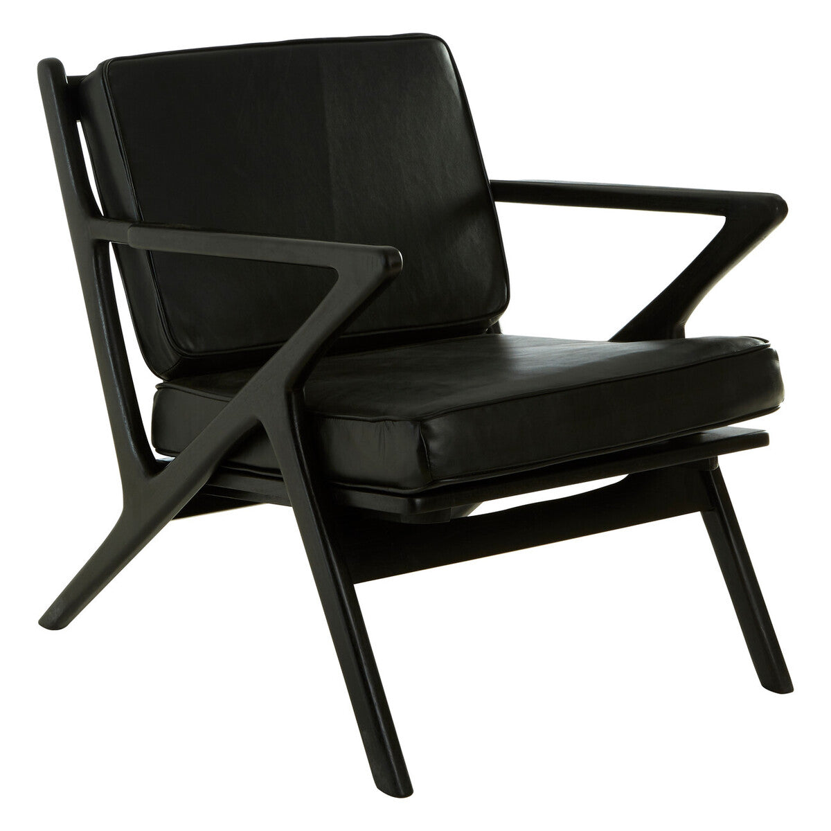 Kendari Black Leather and Teak Wood Frame Armchair