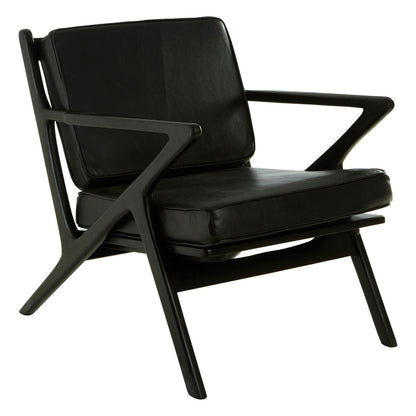 Kendari Black Leather and Teak Wood Frame Armchair
