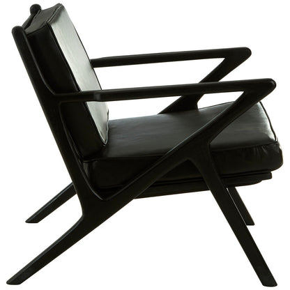 Kendari Black Leather and Teak Wood Frame Armchair