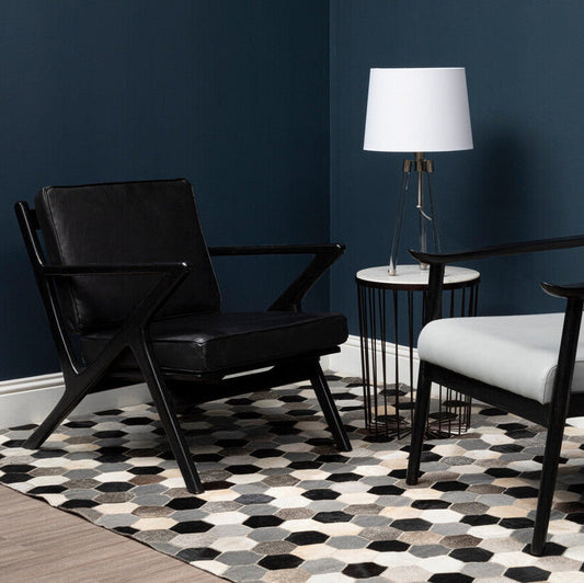 Kendari Black Leather and Teak Wood Frame Armchair